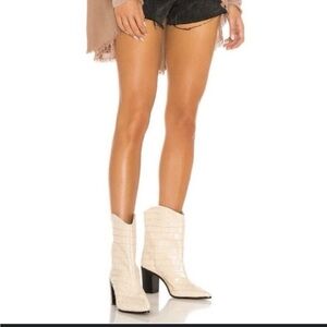 Schutz Vonna Cream Croc-Embossed Heeled Boots 8.5